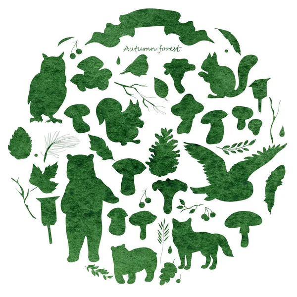 Sulu boya resim, yapraklar, dallar, çilek, çiçekler, hayvanlar ve kuşlar, sonbahar öğeleri görüntü ile ayarla, ayı, sincap, tilki, baykuş. Yeşil suluboya doku.