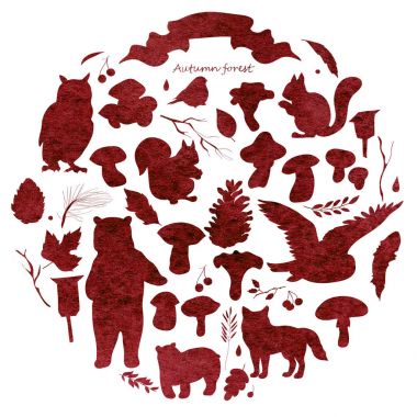 Sulu boya resim, yapraklar, dallar, çilek, çiçekler, hayvanlar ve kuşlar, sonbahar öğeleri görüntü ile ayarla, ayı, sincap, tilki, baykuş. Kırmızı, Bordo, kahverengi suluboya doku