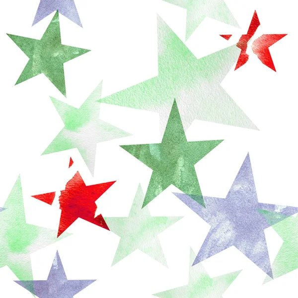Watercolor illustration. Pattern of transparent stars of bright pink, blue, gray, brown hues — Stock Photo, Image