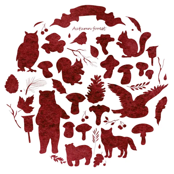 Watercolor illustration, set with the image of leaves, branches, berries, flowers, animals and birds, autumn elements, bear, squirrels, fox, owl. Watercolor texture of red, burgundy, brown — Stock Image Watercolor illustration, set with the image of leaves, branches, berries, flowers, animals and birds, autumn elements, bear, squirrels, fox, owl. Watercolor texture of red, burgundy, brown Stock Photo