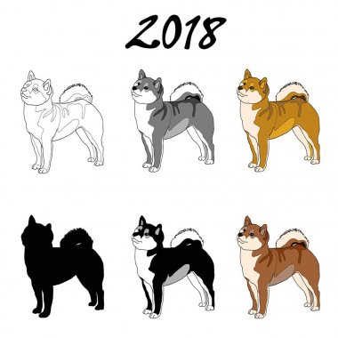 Shiba Inu bir köpek ırkı görüntüsünü vektör Illustration. Siyah çizgi, siyah beyaz ve gri lekeler, siyah siluet, renkli görüntü. Yazıt 2018.