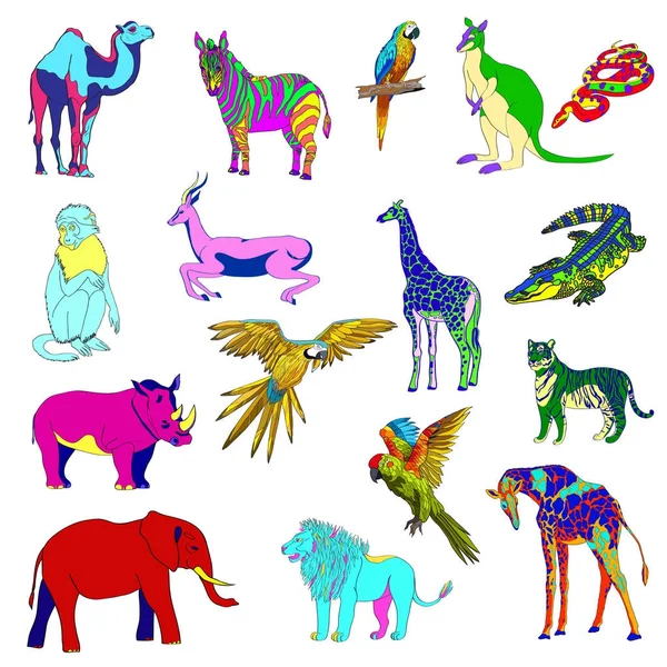 Illustration vectorielle en couleur. Ensemble d'animaux, perroquet, girafe, singe, gazelle, éléphant, rhinocéros, kangourou, chameau, lion, zèbre, crocodile, serpent, tigre . — Image vectorielle