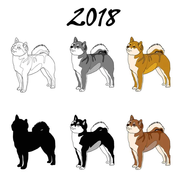 Ilustração vetorial de uma imagem de uma raça de cão de Shiba Inu. Linha preta, manchas pretas e brancas e cinzentas, silhueta preta, imagem colorida. A inscrição 2018 . —  Vetores de Stock