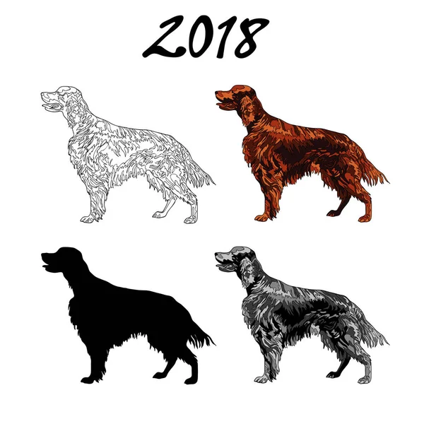 Illustrazione vettoriale di un'immagine di una razza di cane di Setter. Linea nera, macchie bianche e nere e grigie, silhouette nera, immagine a colori. L'iscrizione 2018 . — Vettoriale Stock