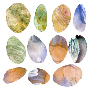 Sulu boya resim. Yumuşak ocherous, yeşil ve gri tonları şeffaf taşlar kümesi. 