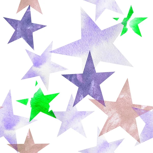 Ilustração aquarela. Padrão de estrelas transparentes de tons verdes brilhantes, roxos, lilás . — Fotografia de Stock