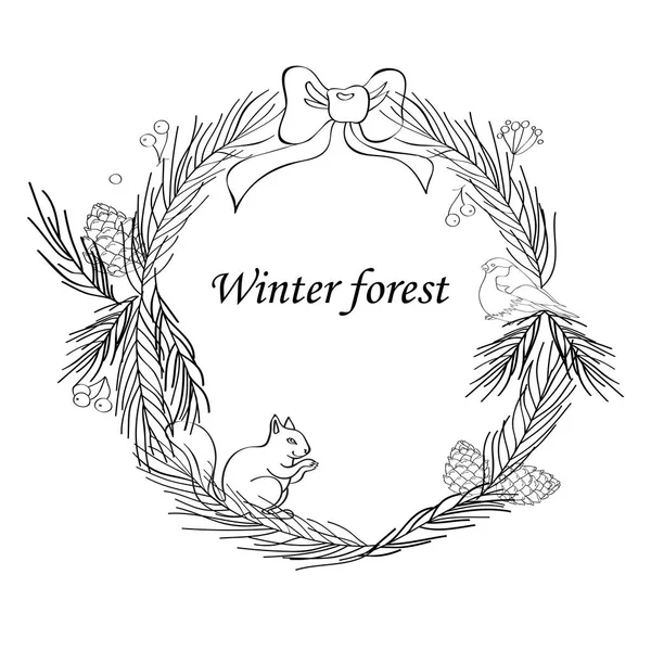 Vector illustration, Christmas frame with forest and celebratory elements. Branches of fir, cones, a candle, a bell, stars. The inscription Winter fairy tale. Black and white line. — Stock Vector