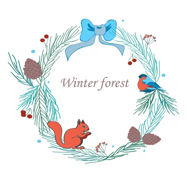 Vector illustration, Christmas frame with forest and celebratory elements. Branches of fir, cones, bullfinch, squirrel, bow. The inscription Winter forest. Color image. — Stock Vector