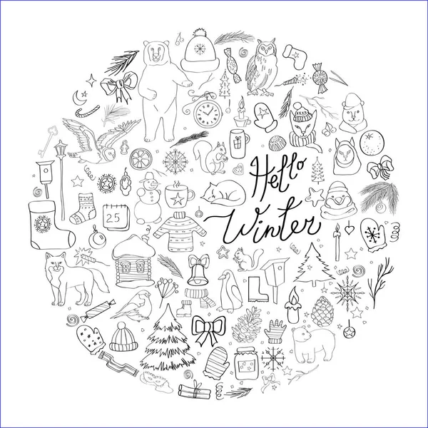 Vector illustration, winter images, isolated elements, winter symbols, Christmas and New Year. Forest animals, bear, fox, squirrel, bullfinch. Hello winter. Black and white line. — Stock Vector