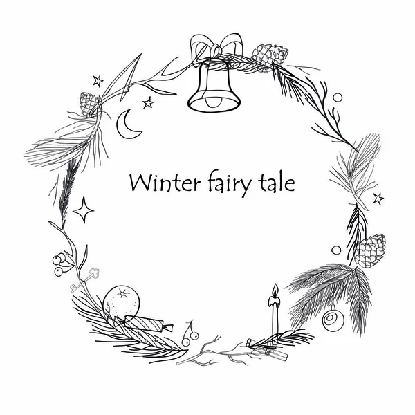 Vector illustration, Christmas frame with forest and celebratory elements. Branches of fir, cones, a candle, a bell, stars. The inscription Winter fairy tale. Black and white line. — Stock Vector