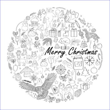 Vektör çizim, kış resimleri, izole öğeleri, kış sembolleri, Noel ve yeni yıl. Orman hayvanları, ayı, tilki, sincap, şakrak kuşu. Yazıt mutlu Noeller. Siyah ve beyaz çizgi.