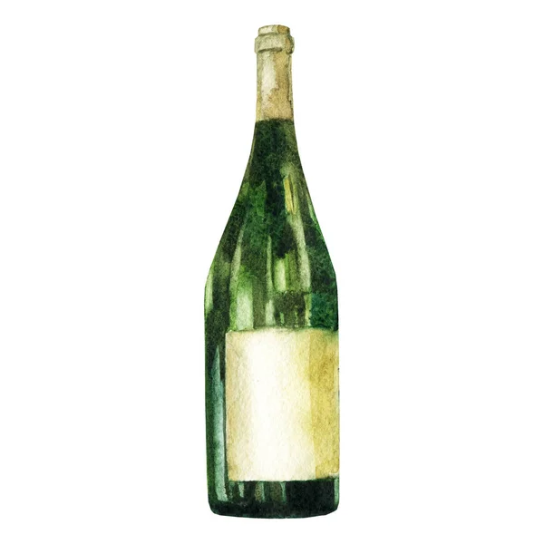 Ilustrasi warna air. Gambar botol anggur hijau . — Stok Foto