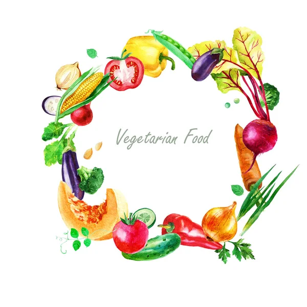 Watercolor illustration, round frame of vegetables. Vegetarian food. — Stock Photo, Image