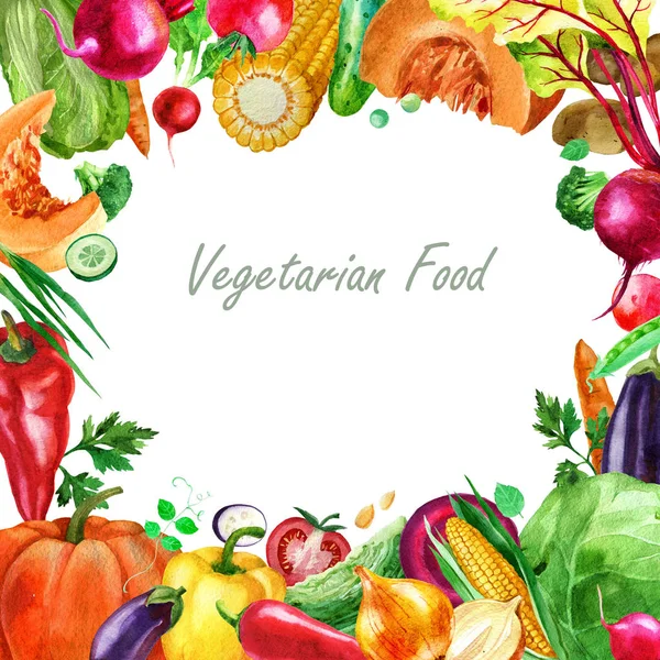 Akwarela ilustracja, rama warzyw. Potrawy wegetariańskie. — Zdjęcie stockowe