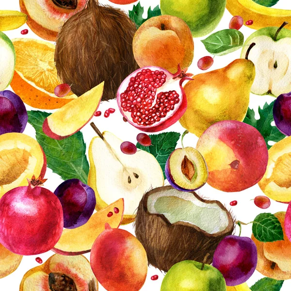 Ilustración en acuarela. Patrón de fruta acuarela sobre un fondo blanco. Coco, granada, pera, manzana, mango, melocotón, ciruela, naranja . — Foto de Stock