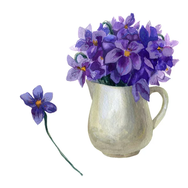 Illustrazione ad acquerello. Un mazzo di fiori viola in una brocca bianca . — Foto Stock