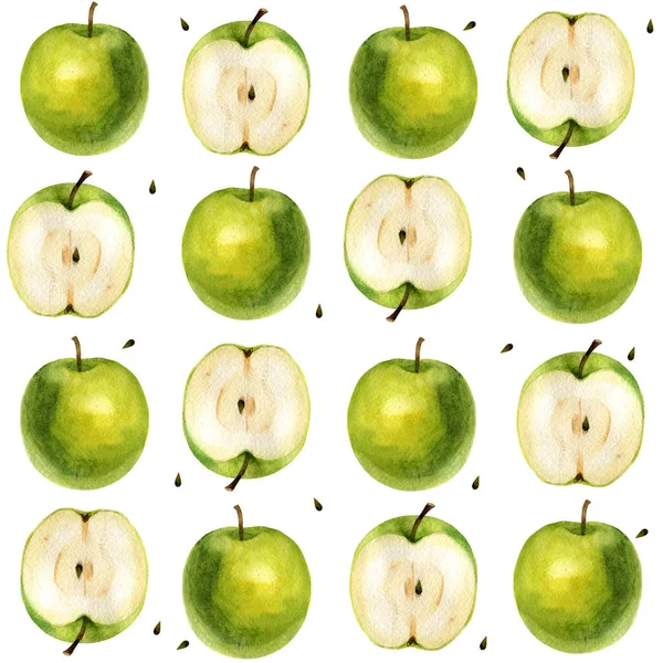 Ilustrasi warna air. Pola. Apple, setengah apel, biji apel . — Stok Foto