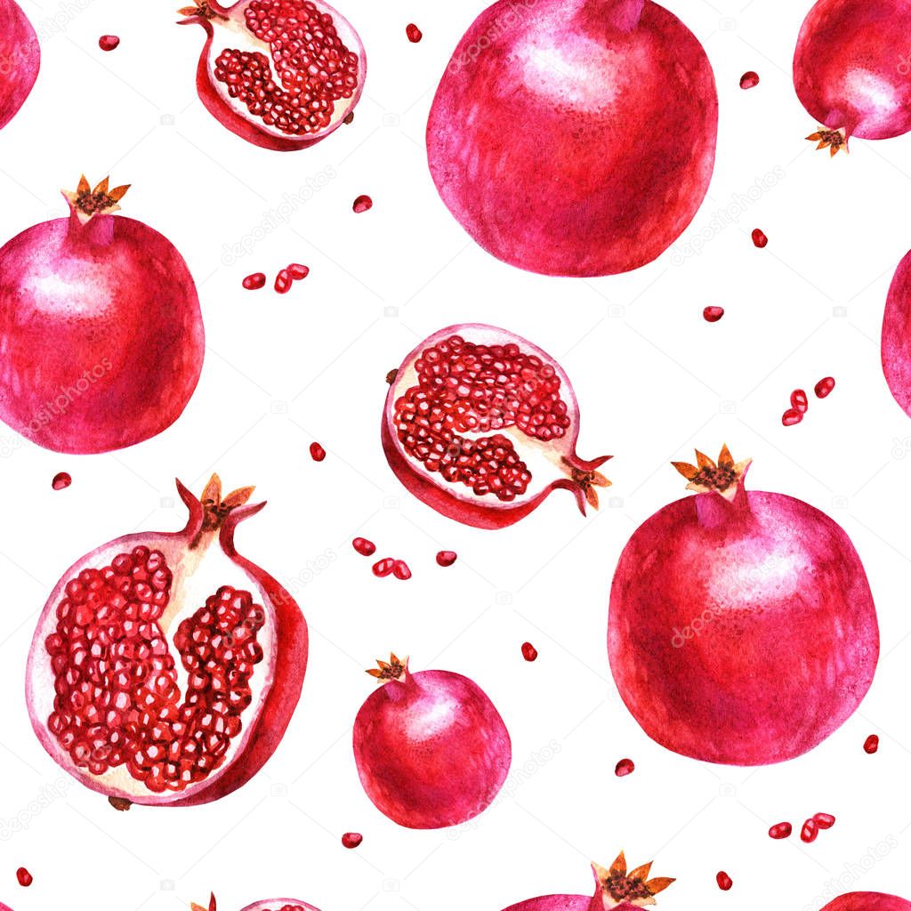 Watercolor illustration. Pattern. Pomegranate, half a pomegranate, garnet berries.
