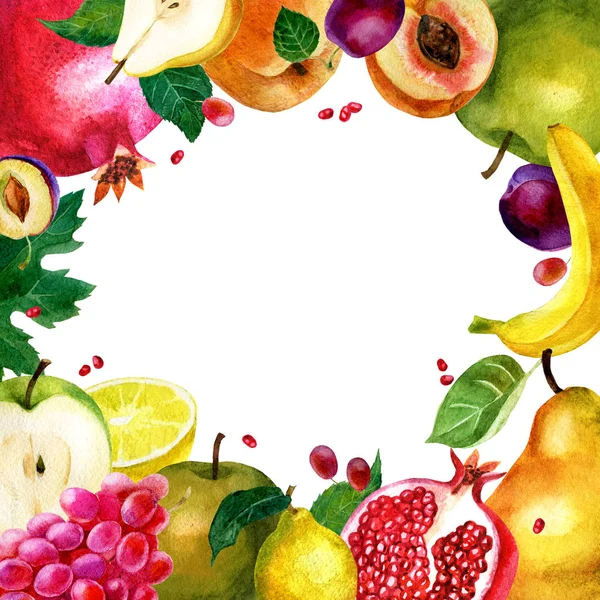 Ilustración en acuarela, marco de frutas. Comida vegetariana. Manzana, pera, granada, uvas, limón, ciruela, plátano y melocotón — Foto de Stock