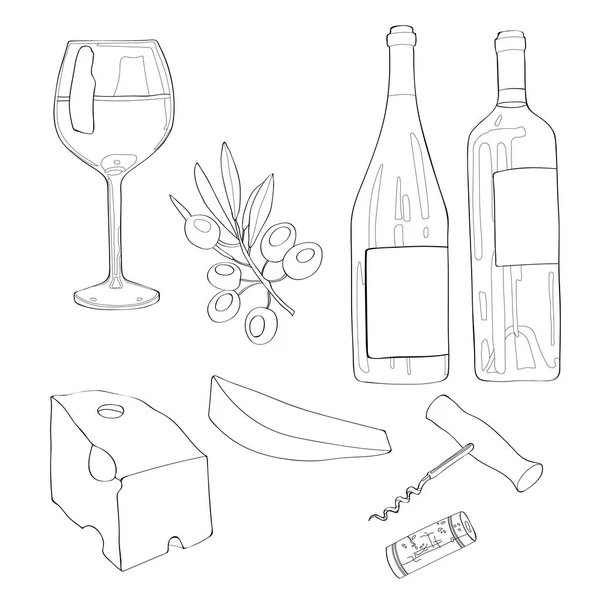 Векторная иллюстрация, набор. Вино, бокал вина, зеленая бутылка вина, бутылка красного вина, ветка оливки, кусок сыра, штопор и винная пробка. Черная линия, контур . — стоковый вектор