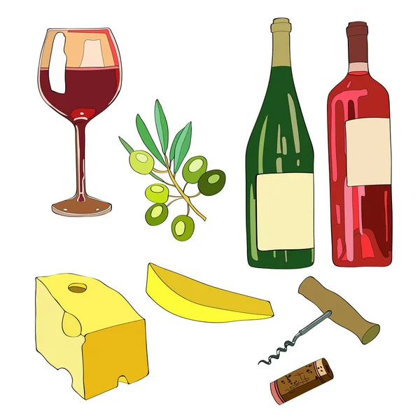 Векторная иллюстрация, набор. Вино, бокал вина, зеленая бутылка вина, бутылка красного вина, ветка оливки, кусок сыра, штопор и винная пробка. Цветное изображение . — стоковый вектор