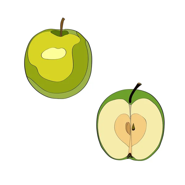 Illustrazione vettoriale. Mela, mela affettata, mezza mela. Linea nera, contorno . — Vettoriale Stock