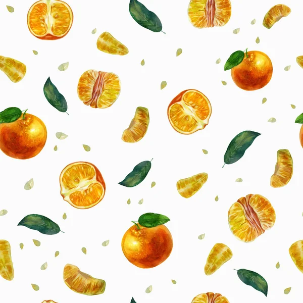 Ilustración de acuarela, patrón. Mandarinas, rodajas de mandarinas y hojas de mandarina. Fondo blanco. patrón de naranja jugosa brillante . —  Fotos de Stock