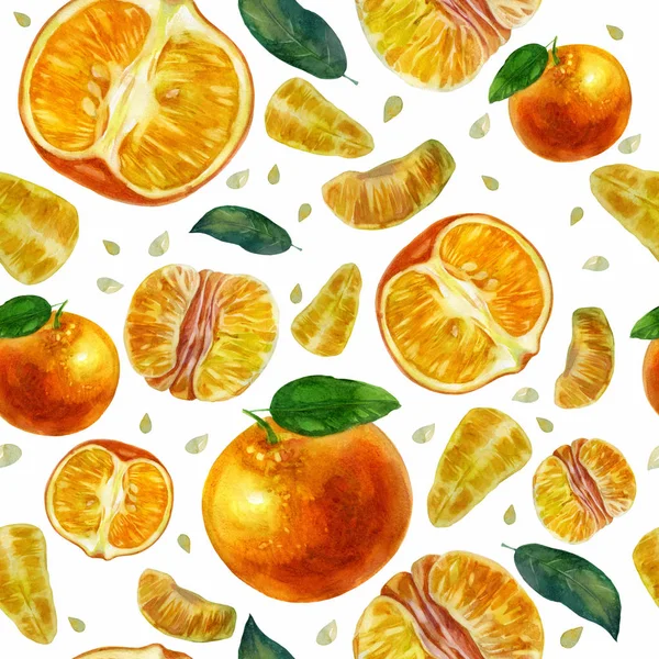 Ilustração aquarela, padrão. Tangerinas, fatias de tangerinas e folhas de tangerina. Fundo branco. Padrão laranja suculento brilhante . — Fotografia de Stock