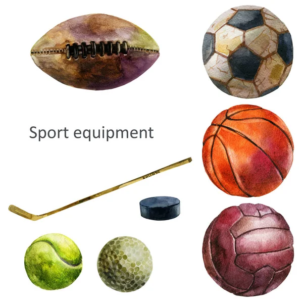 Aquarelillustratie van een set sportuitrusting. hockeystick, hockeypuck, golfbal, tennisbal, voetbal, basketbal, volleybal, rugbybal. — Stockfoto