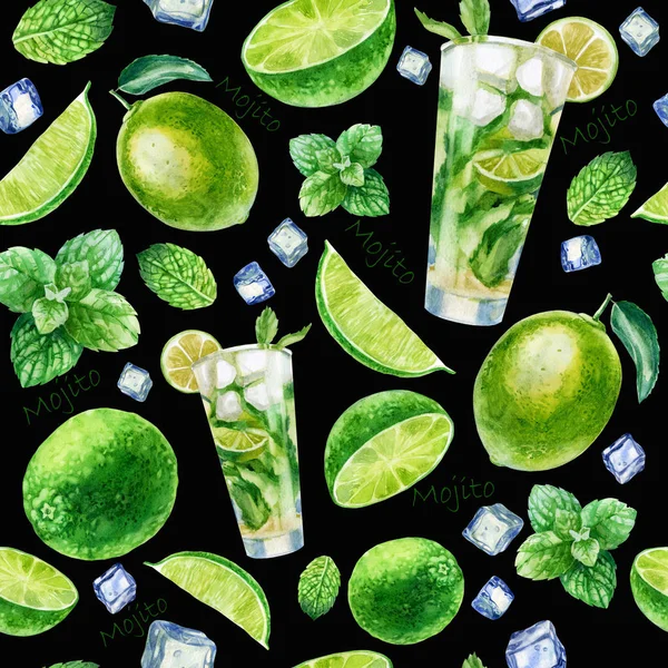 Akvarel ilustrace, mojito koktejl vzor. Sklenice s mojito koktejlem, kousky ledu, limetky a limetky, máta, mátové listy, mojito nápis. Černé pozadí. — Stock fotografie