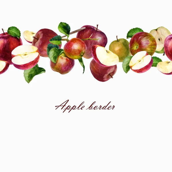 Εικονογράφηση ακουαρέλας, σύνορα. Μήλα διαφορετικών χρωμάτων, σε διαφορετικές γωνίες. Μισά και φέτες από μήλα, φύλλα, μήλα σε ένα κλαδί. — Φωτογραφία Αρχείου
