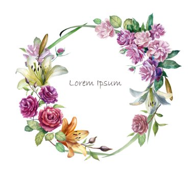 Watercolor illustration, frame of flowers roses, lilies and peonies.
