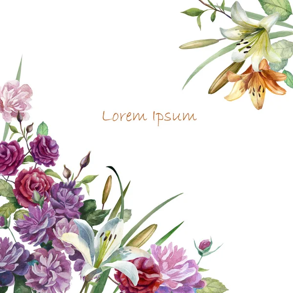 Акварельная иллюстрация, рамка из цветов роз, лилий и пионов . — стоковое фото