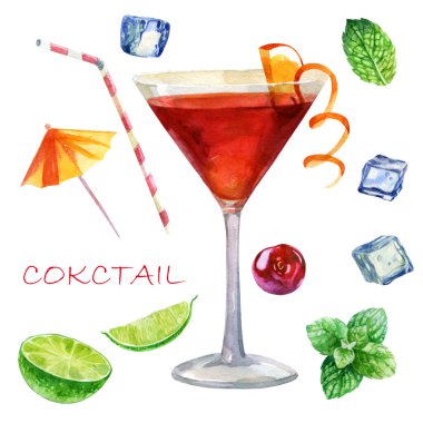 Suluboya çizimi. Bir bardağın kokteyl ile görüntüsü kozmopolit. Nane yaprakları, kokteyller için buz, kokteyl kamışları, kokteyl şemsiyesi, limon, limon dilimleri.