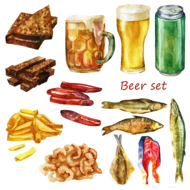 Watercolor illustration of a set of beer. A mug of beer, a glass of beer, a can of beer.