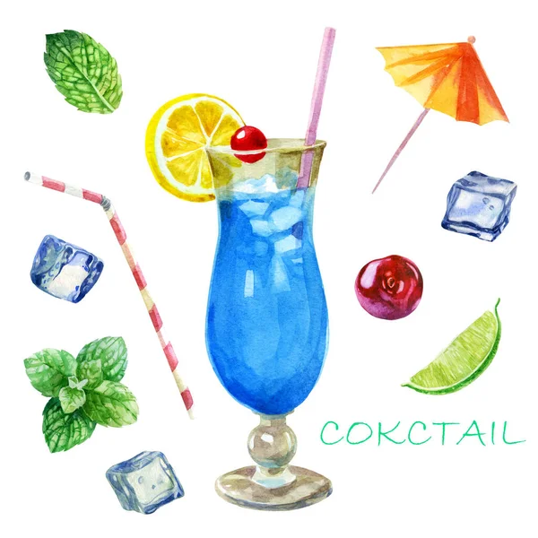 Akvarell Illustration Bild Ett Glas Med Blå Laguncocktail Mintblad Isbitar — Stockfoto