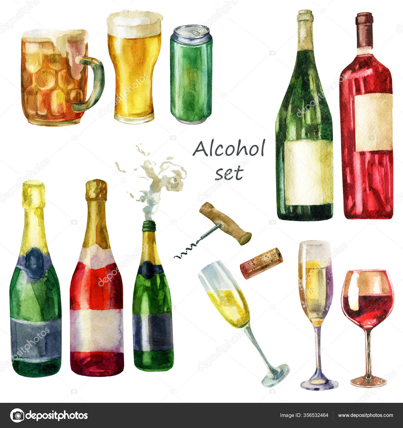 Акварельная Иллюстрация Набора Алкогольных Напитков Кружка Пива.