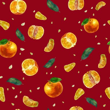 Suluboya çizimi, desen. Mandalina, mandalina ve mandalina yaprakları. Koyu kırmızı arka plan. Parlak sulu turuncu desen