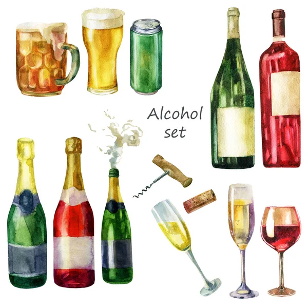 Akwarelowa Ilustracja Zestawu Napojów Alkoholowych Kubek Piwa Szklanka Piwa Puszka — Zdjęcie stockowe