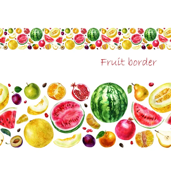 水彩イラスト 果物の国境だ ストリップの果物 スイカ メロン ザクロ梨みかん — ストック写真