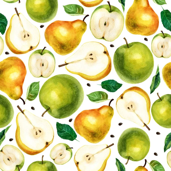 Ilustración Acuarela Patrón Fruta Sobre Fondo Blanco Manzanas Peras Mitades —  Fotos de Stock