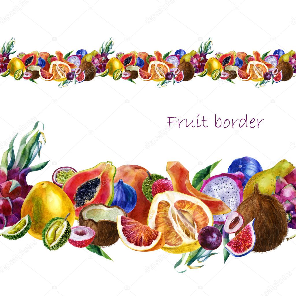 Watercolor illustration. A border of fruits. Tropical fruits in a strip. Papaya, grapefruit, coconut, pitahaya, figs passion fruit