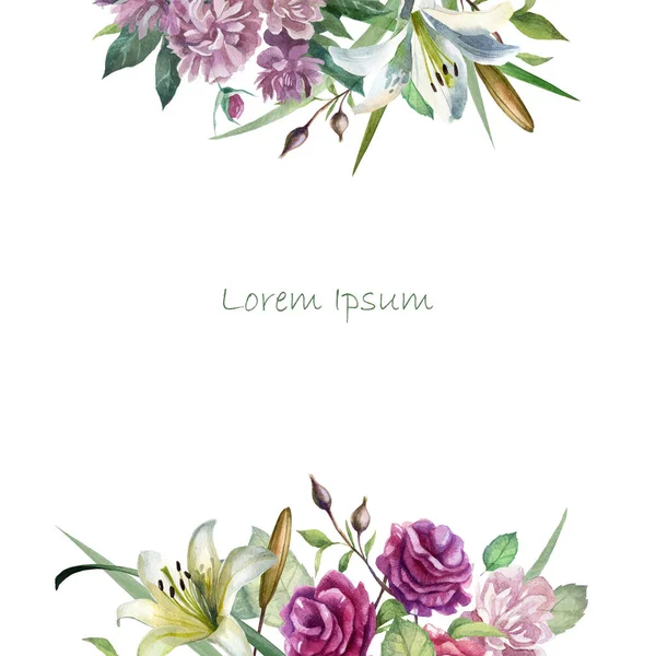 Akvarell Illustration Ram Blommor Rosor Liljor Och Pioner Blommor Rosor — Stockfoto