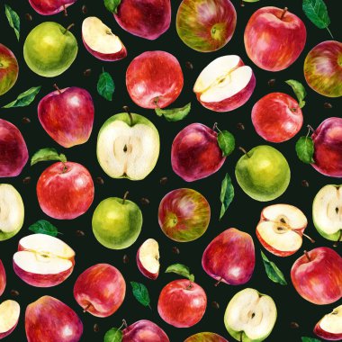 Suluboya çizimi. Koyu kahverengi arka planda meyve deseni. Elma, yarım elma ve yaprak..