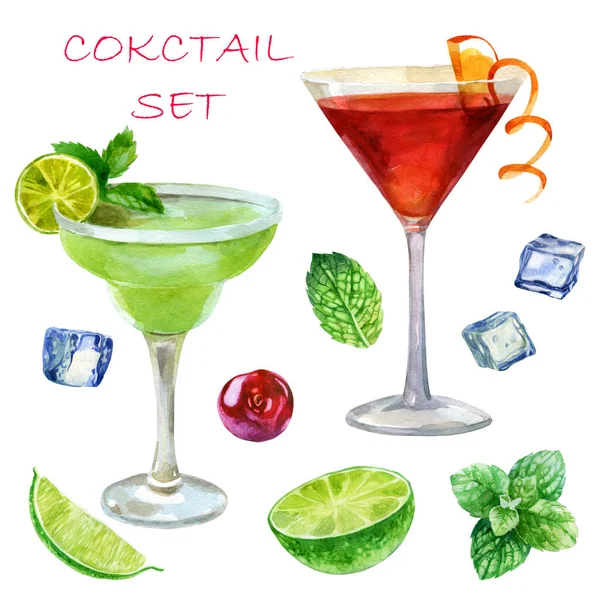 Aquarel Illustratie Set Afbeelding Van Glazen Met Margarita Kosmopolitische Cocktails — Stockfoto
