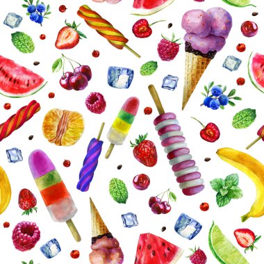 Suluboya örnekleri. Dondurma ve meyveler beyaz arka planda.