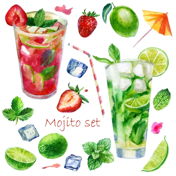 Suluboya çizim seti. Mojito kokteyli ve çilekli mojito bardakları. Nane yaprakları, kireç, limon dilimleri, içecekler için buz küpleri, kokteyller için çilekler, kokteyller için pipetler, kokteyller için şemsiye..