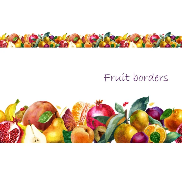 水彩画 果物の境界線 ストリップの果物 グレープフルーツ桃梅ザクロ梨みかん — ストック写真
