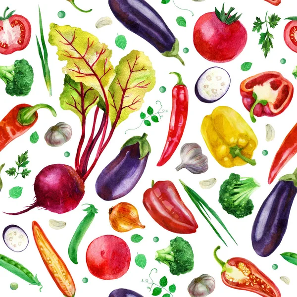 Watercolor Illustration Pattern Vegetables White Background Beets Garlic Peppers Eggplant — Stock Photo, Image