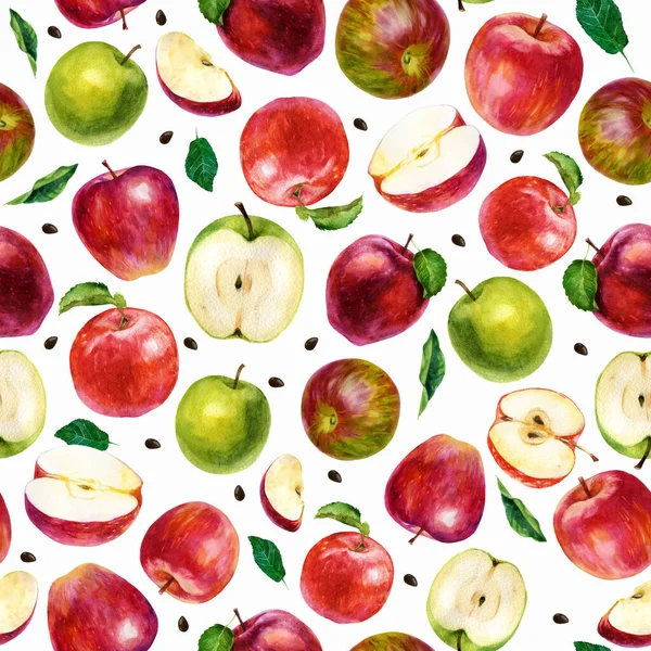 Acuarela Ilustración Patrón Fruta Sobre Fondo Blanco Manzanas Mitades Manzanas —  Fotos de Stock